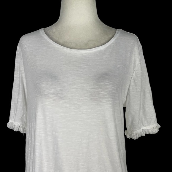 Ann TAYLOR LOFT ROUND NECK SHORT SLEEVE‎ SLUB JERSEY FRINGE T-SHIRT WHITE SMALL - Picture 2 of 11
